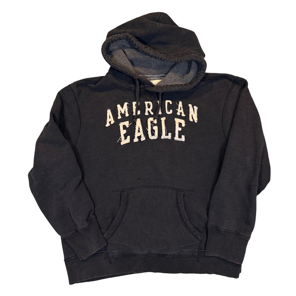 American Eagle Hoodie Mens 3XL Faded Black Applique Logo Cotton Blend Y2K